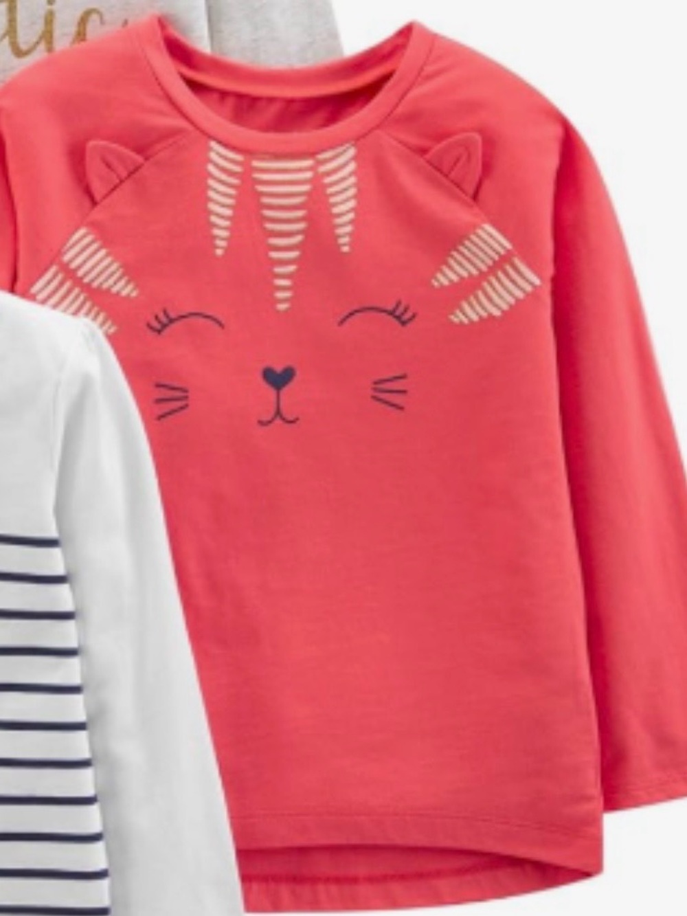 Girls' Coral Cat Face Long-Sleeve Tee